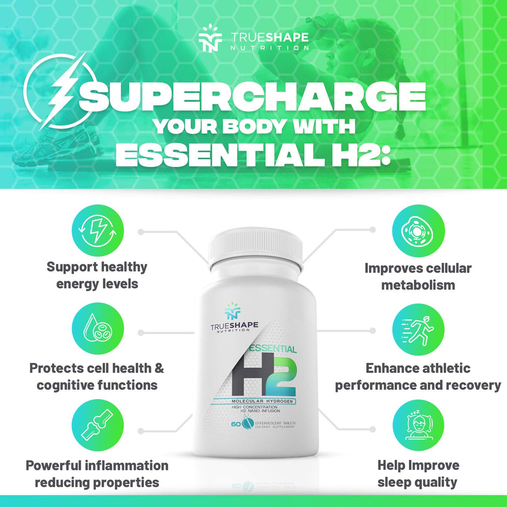 TrueShape Nutrition Essential H2 Fizzy Molecular Hydrogen Tablets for Water Nutritional Supplement (Unflavored, 60 Servings)
