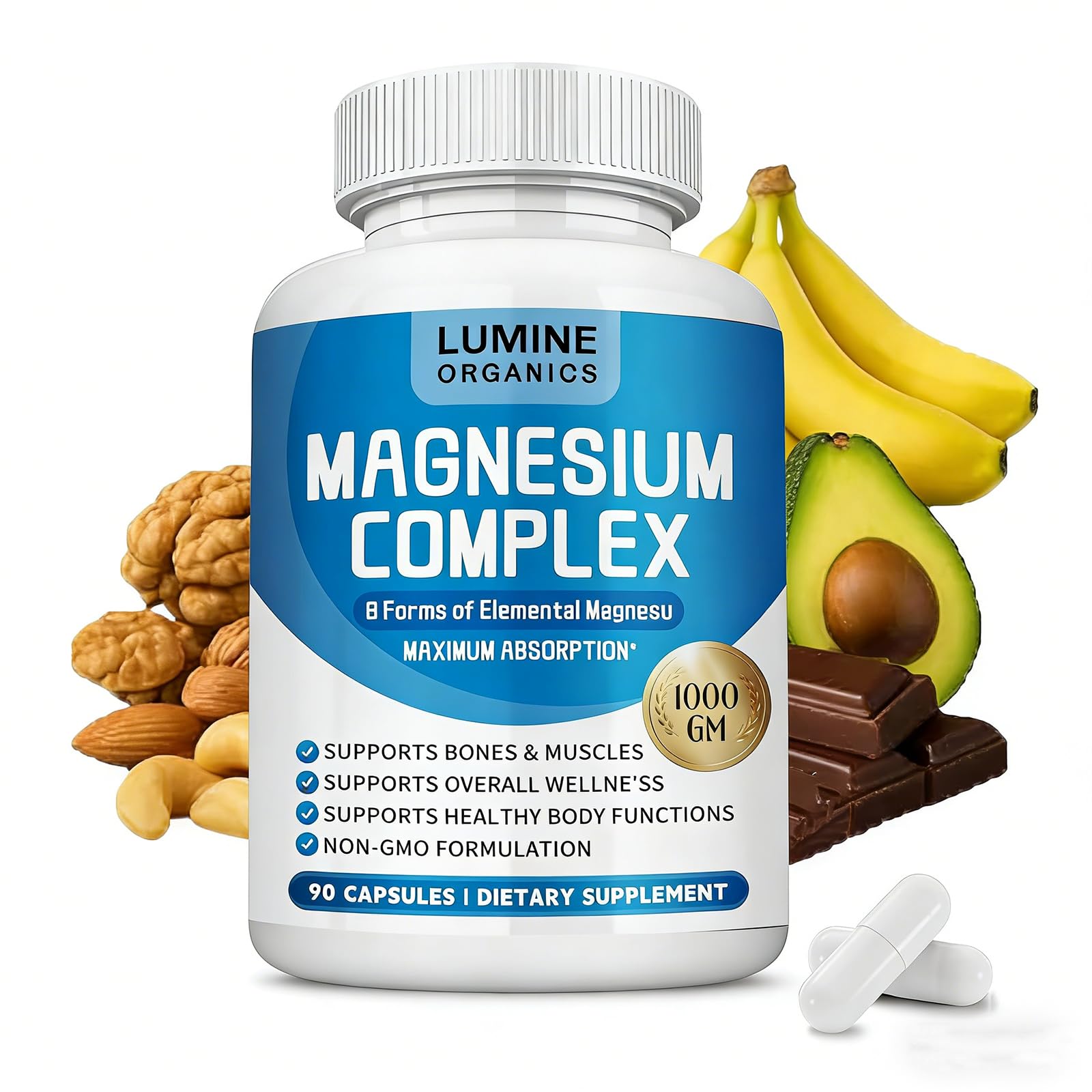 1PCSLumine Organics Magnesium Complex Supplement 1000mg - Advanced 8-in-1 Magnesium Blend - Glycinate, Citrate, Malate, Taurate etc.– High Absorption Formula – Non-GMO, 90 Capsules (1B)