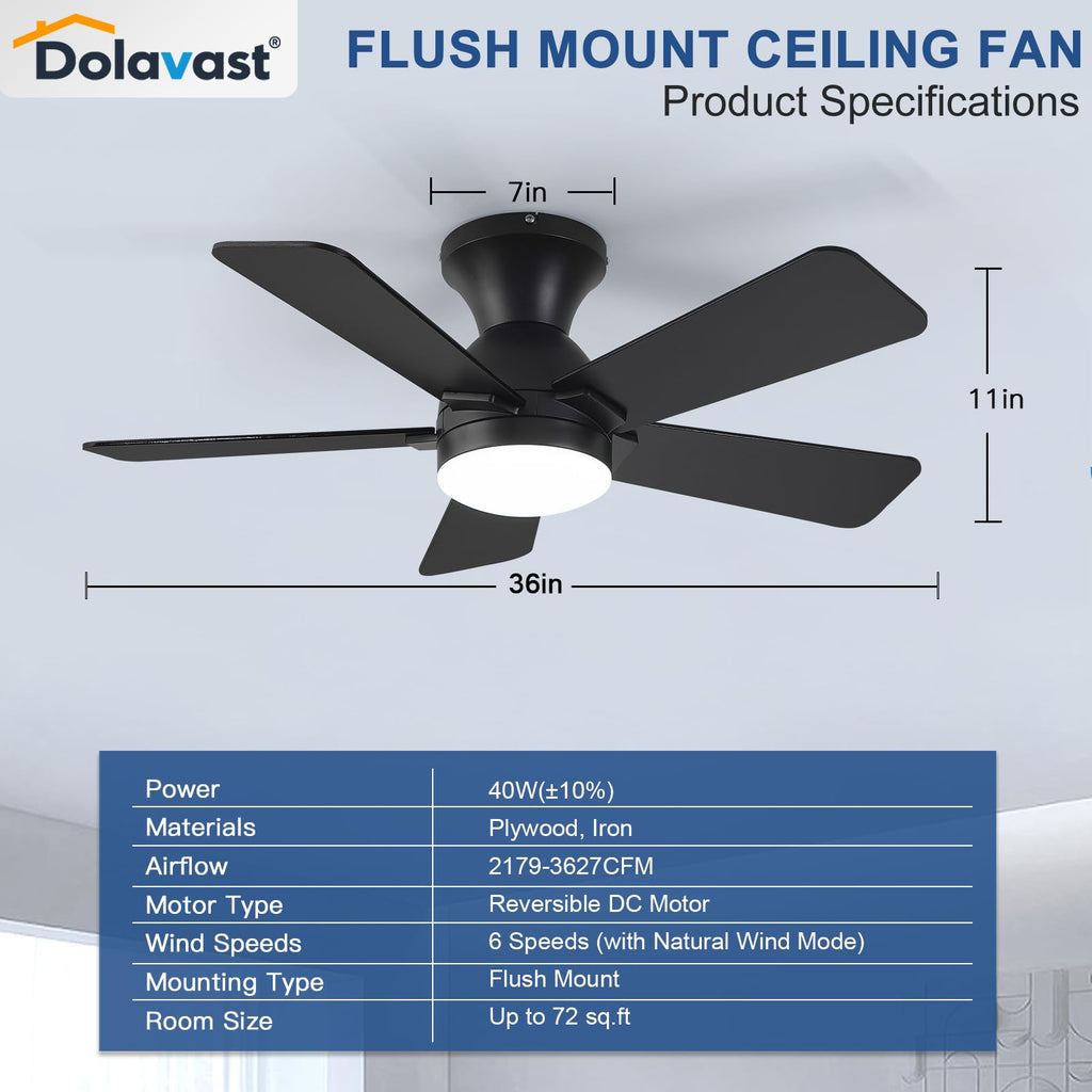 Dolavast Ceiling Fans with Lights, 36 Inch Low Profile Ceiling Fan with Light and Remote Control, Flush Mount, Reversible, 3CCT, Dimmable LED, Quiet, Black Ceiling Fan for Bedroom, Kitchen, Office