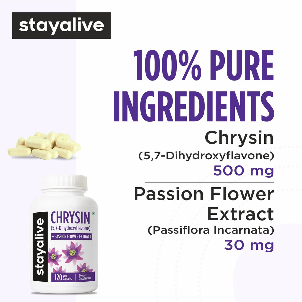 STAY ALIVE Chrysin Supplement 500mg & Passion Flower Extract Powder, 5,7-Dihydroxyflavone, Non-GMO and Gluten-Free Chrysin for Men and Women, 120 Capsules