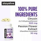 STAY ALIVE Chrysin Supplement 500mg & Passion Flower Extract Powder, 5,7-Dihydroxyflavone, Non-GMO and Gluten-Free Chrysin for Men and Women, 120 Capsules