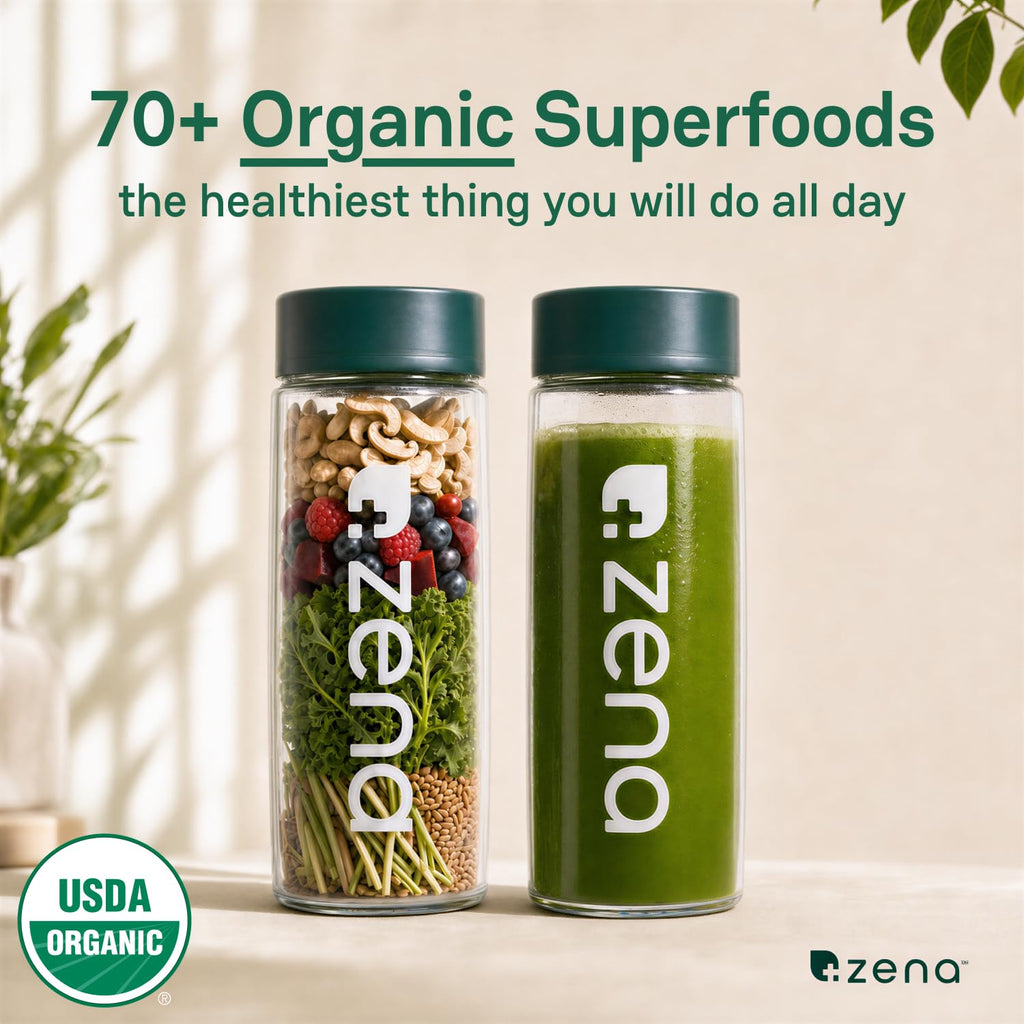 Zena Nutrition Organic Super Greens Powder, 70+ Superfoods, 0 Sugar, 3g Fiber, Spirulina, Chlorella, Mushrooms, Prebiotics/Probiotics, Digestive Enzymes, Gut Health, Green Apple, 30 Drink Mix Packets