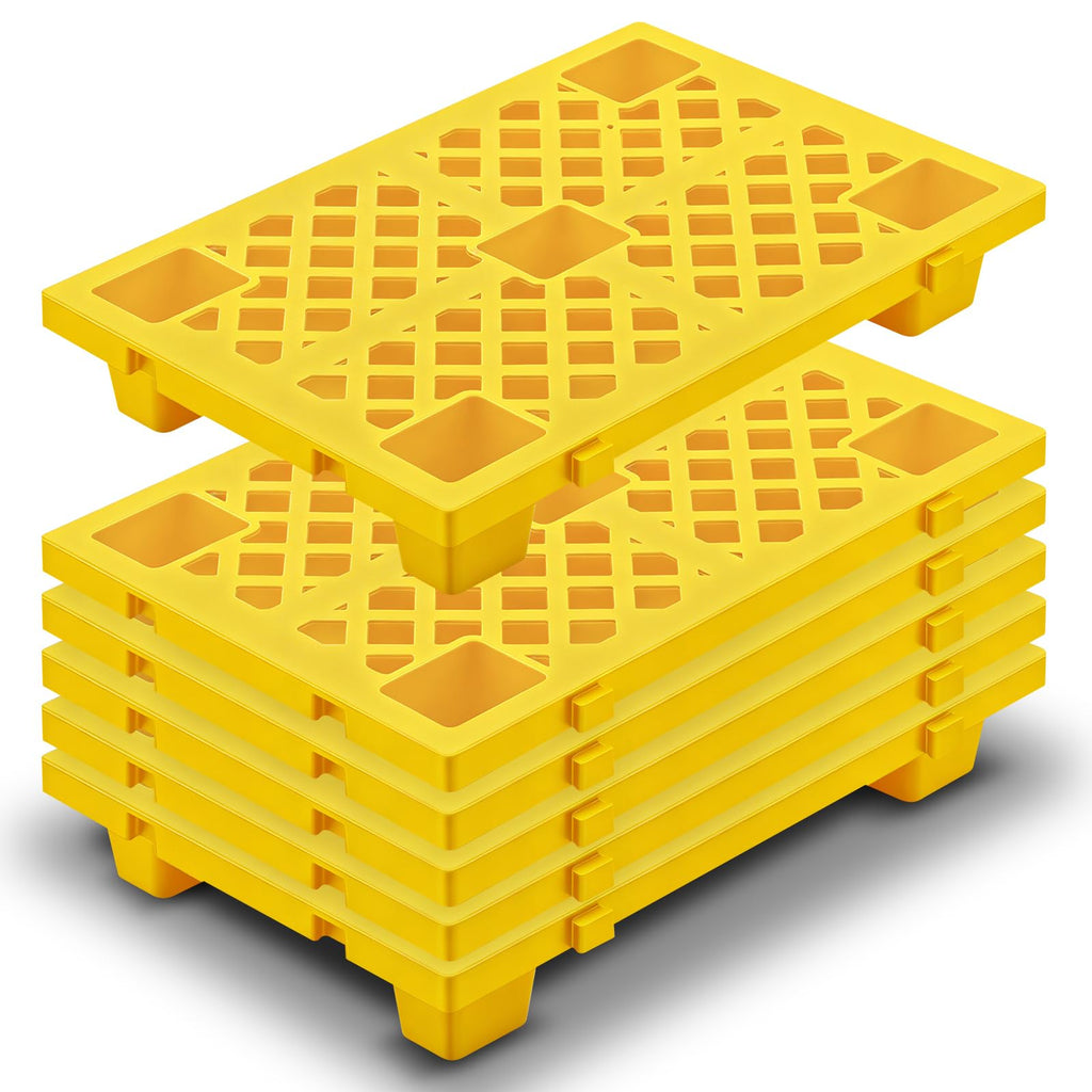 Singhoow 4 Pcs Plastic Pallets for Basement Storage Nestable Moisture Waterproof Lightweight Floor Pallets with Breathable Grid for Indoor Outdoor Supermarket Warehouse (23.6 x 15.8 x 3.9 Inch,Yellow)