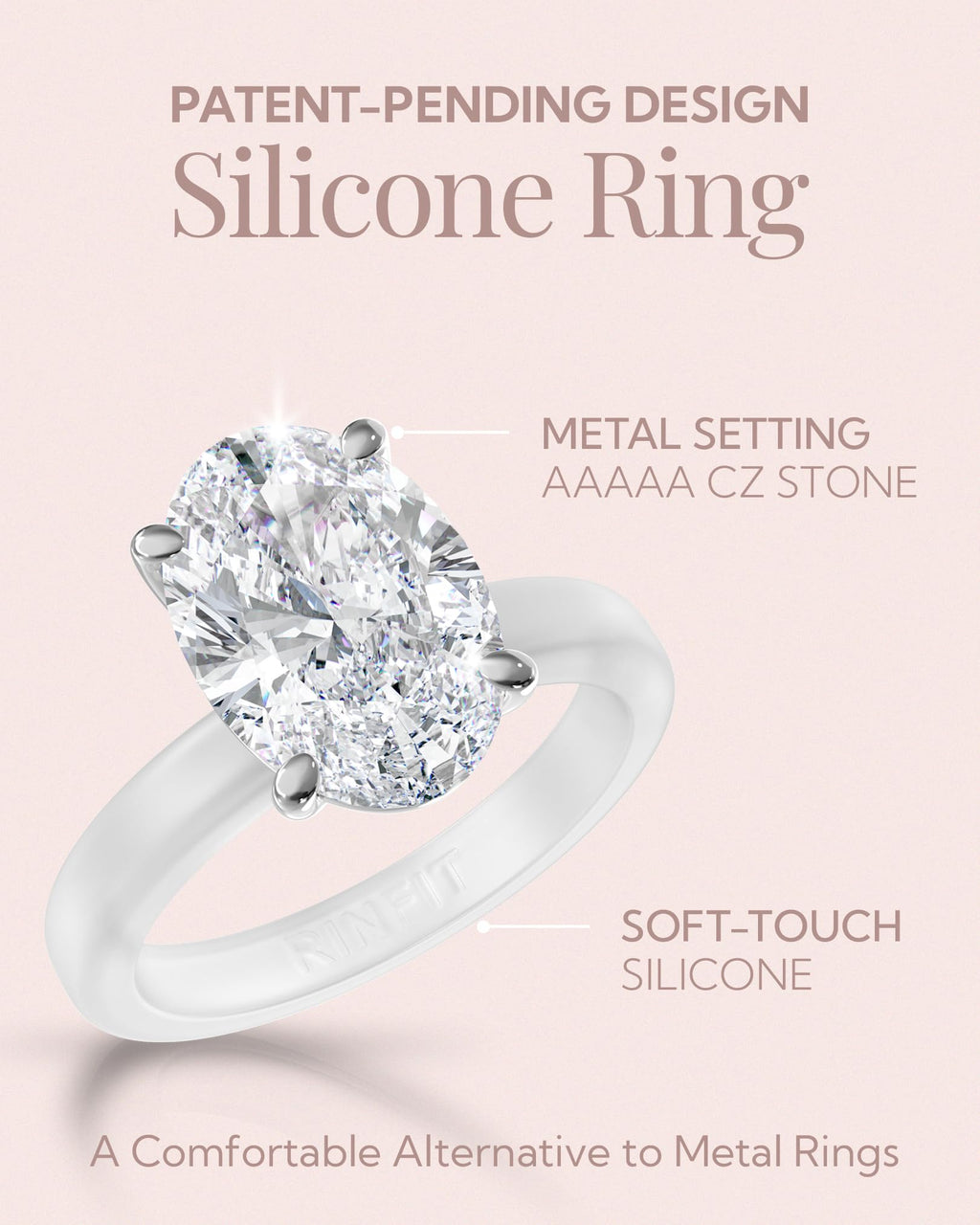 Rinfit Thin Silicone Ring with CZ, Gift Box - Frosted Clear/Oval, Size 7