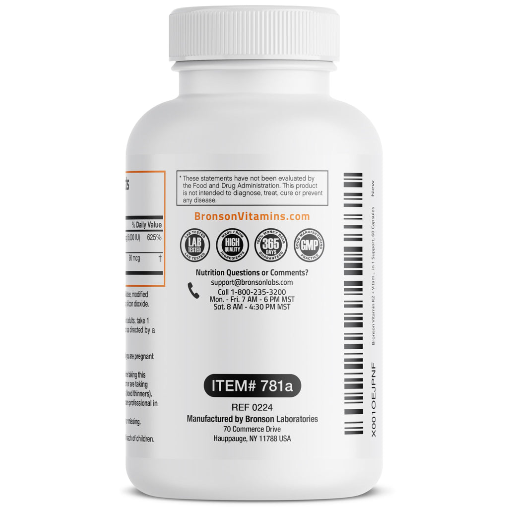 Bronson Vitamin K2 D3 (MK7) Supplement Non-GMO Formula Vitamin D3 5000IU (125 mcg) & 90 mcg K2 MK-7, Easy to Swallow D & K Complex, 60 Capsules