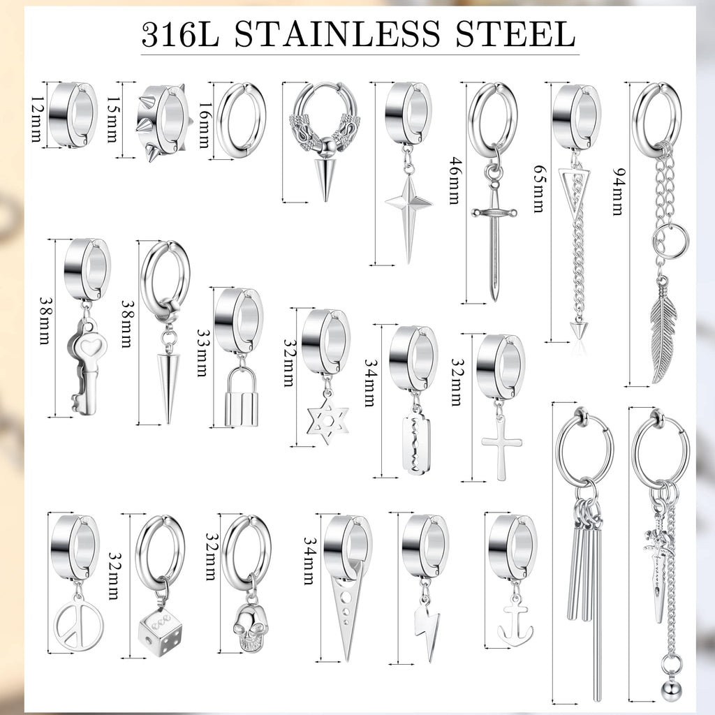 THUNARAZ 25Pcs Clip on Earrings for Men Cross Dangle, Fake Earrings