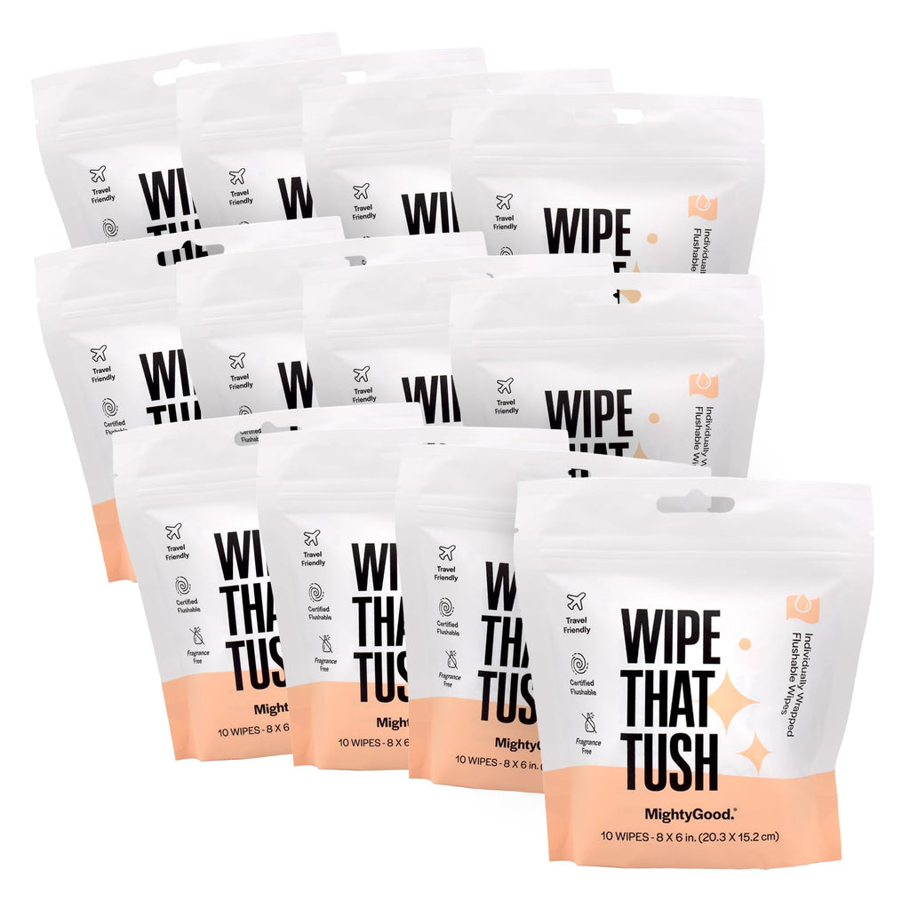 Wipe That Tush On-The-Go Flushable Wipes Bulk Pack - 12 Packs of 10 Individually Wrapped Travel Wipes, 120 Total - Fragrance Free - Hypoallergenic With Aloe & Vitamin E - Septic Safe
