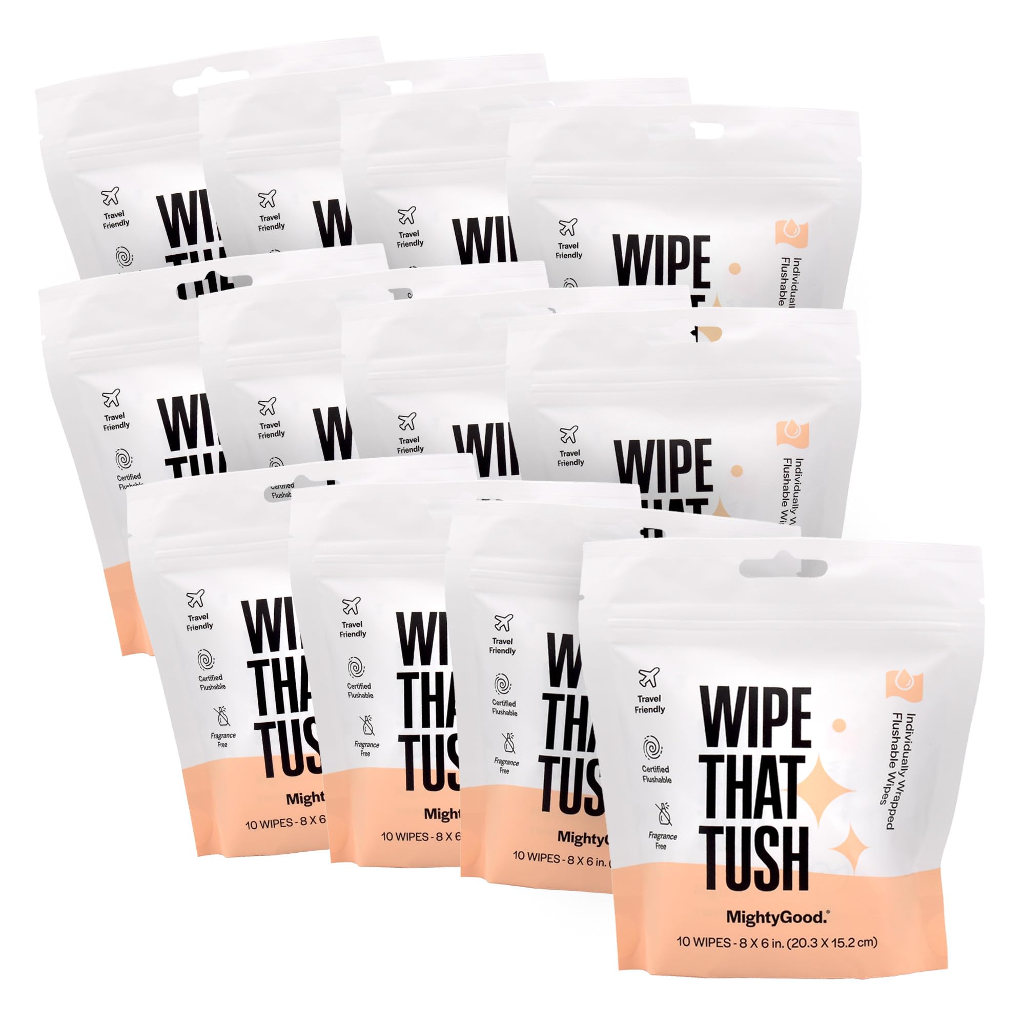 Wipe That Tush On-The-Go Flushable Wipes Bulk Pack - 12 Packs of 10 Individually Wrapped Travel Wipes, 120 Total - Fragrance Free - Hypoallergenic With Aloe & Vitamin E - Septic Safe