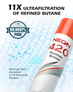 NEON Butane Refill 420ml, 11X Ultra Refined 0 Impurities Butane Fuel, Premium Universal Lighter Fluid with Metal Nozzle and 5 Butane Gas Refill Adapters for Refillable Lighters and Torches, 12 Cans