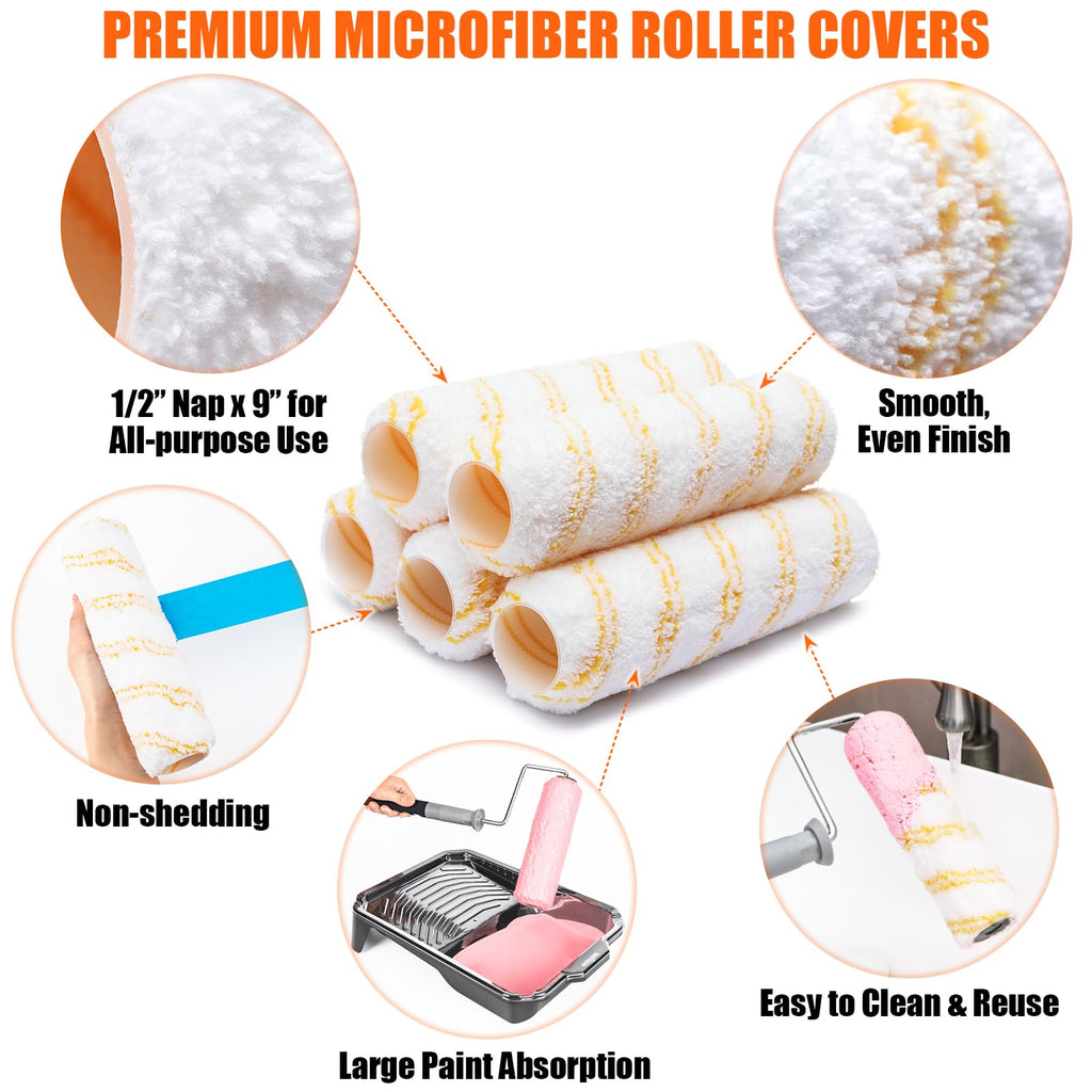 PinStone 6pcs House Paint Roller Kit, 9 inch Extendable Roller Frame with 5 Microfiber Roller Covers 1/2" Nap, Adjustable Painting Roller (18" - 36") for Walls, Ceilings, Floor, Home Painting Supplies