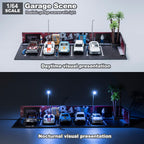 1/64 Diorama Garage, Garage and Display Case for Model Car, Scenic Diorama Display Car Park with 2 LED Street Lamps and 5 Outdoor Parking Spaces (American-Style Garage)