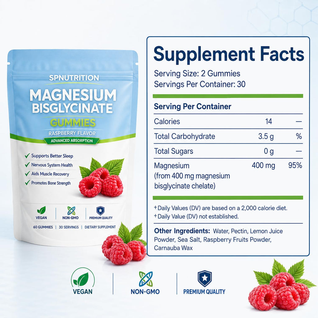 BELANO Spnutrition Magnesium Bisglycinate Gummies, 400mg per Serving, with Magnesium Bisglycinate Chelate, Sea Salt, Raspberry Fruit Powder, Strengthen Bones, Everyday Wellness, 60 Gummies