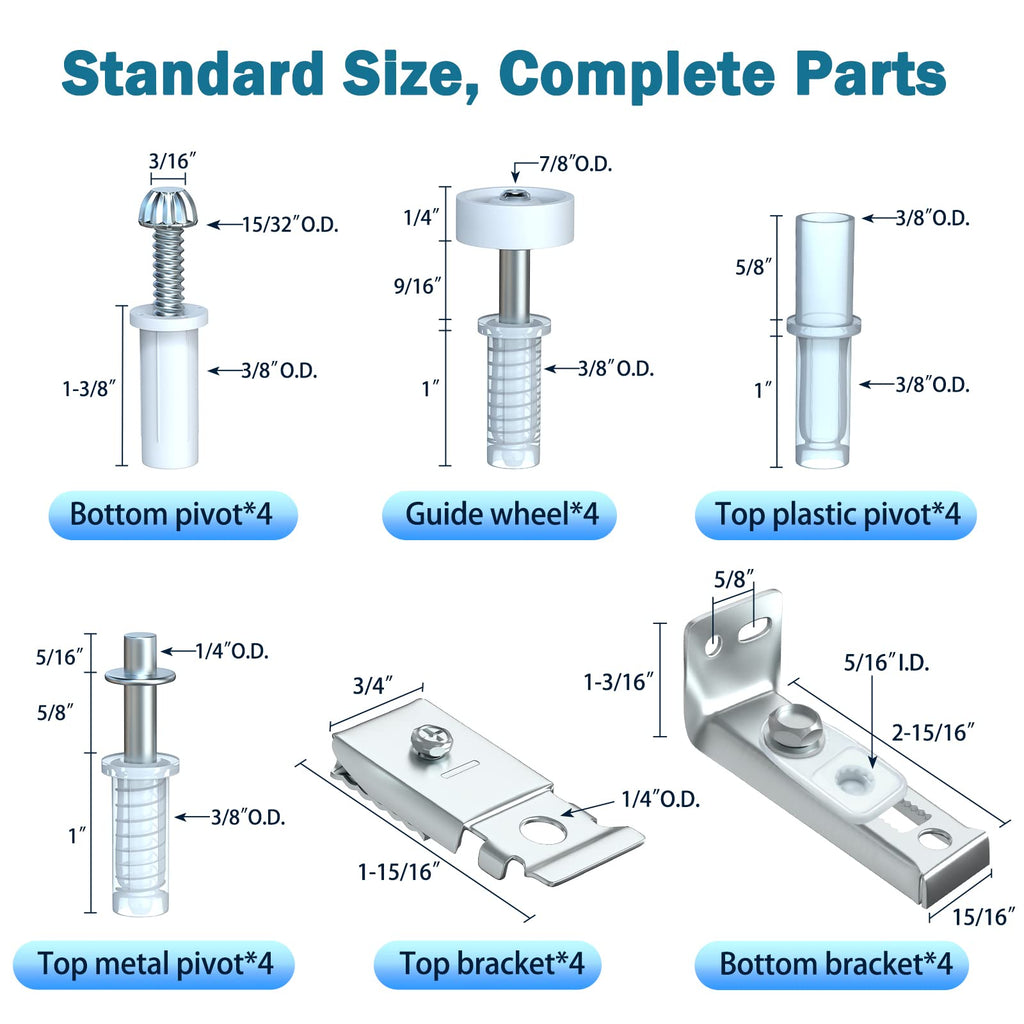 Bifold Door Hardware Repair Kit - 4 Packs Bi-fold Sliding Closet Doors Replacement Parts Include Top & Bottom Bracket, 3/8" Pivot, 7/8" Guides Wheel, for Folding Pocket Door Accordion