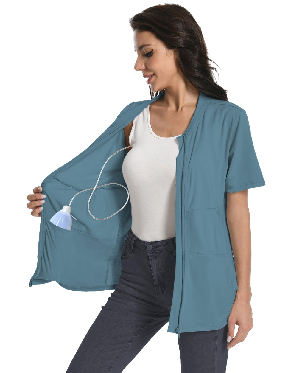 Mastectomy Shirt with Drain Pockets Breast Mastectomy Recovery Supplies Nephrostomy Drain Bag Tummy Tuck Must Haves Clothing Comfy Post OP Camisoles After Mastectomy Short Sleeve Shirts Peacock Blue
