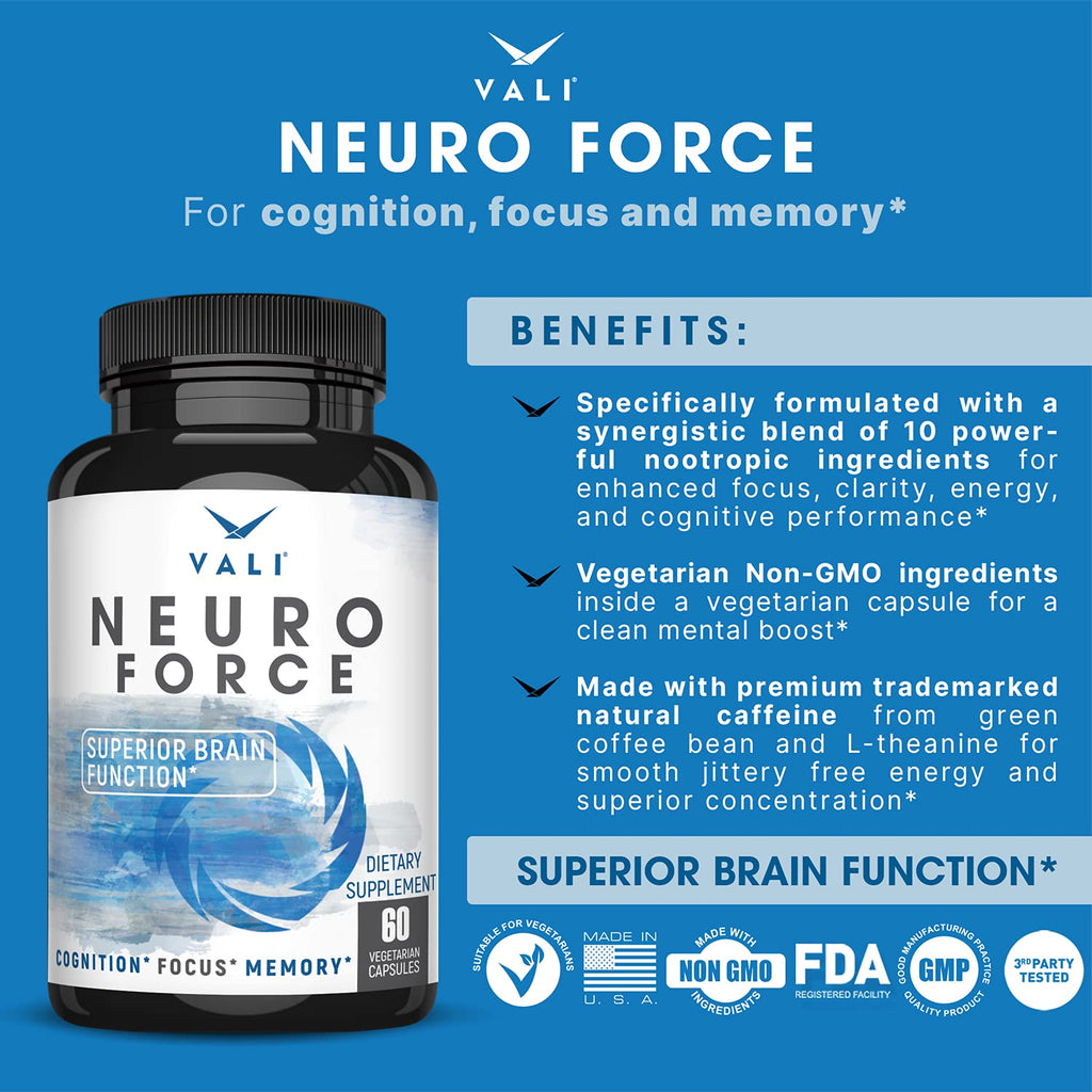 VALI Neuro Force Brain Booster Supplement for Focus, Memory, Clarity & Energy. Extra Strength Nootropic Cognitive Function Support for Mental Performance. with Natural Caffeine. 60 Veggie Capsules
