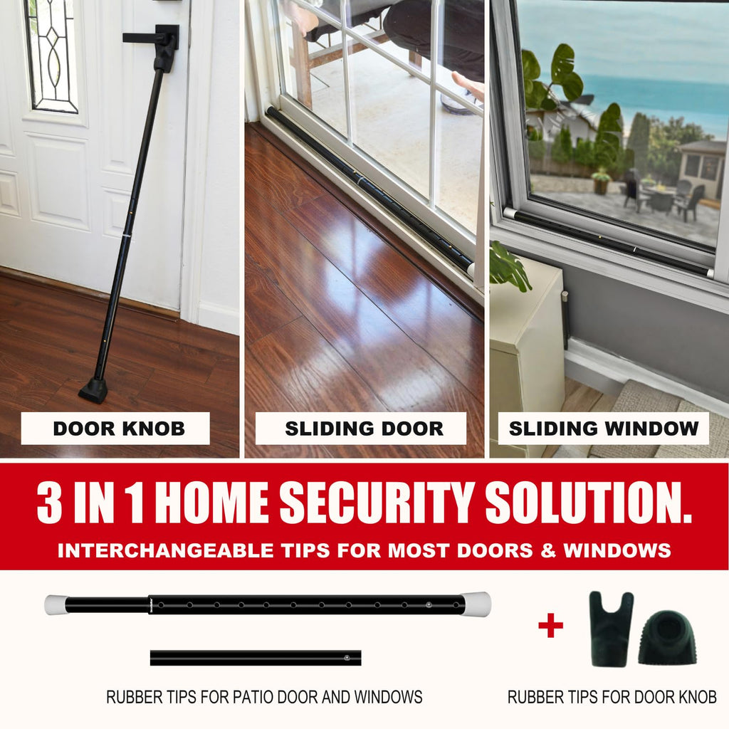 SECURITYMAN 3-in-1 Door Security Bar, Security Door Stoppers & Door Barricade – Heavy Duty Adjustable Iron Security Lock Bar for Home Defense, Apartment & Travel Safety (1 Pack - Black)