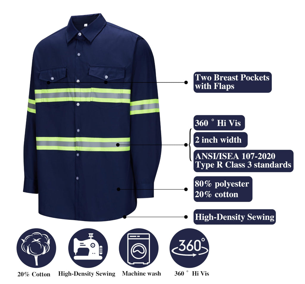 Ousafeve Class 3 Navy Hi Vis Button Up Safety Work Shirts for Men Reflective (X-Large, Navy_Long)