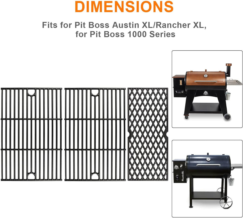 GRISUN Grill Grates for Pit Boss Austin XL, Rancher XL Wood Pellet Grills, Heavy Duty Cast Iron Grill Grids for Pit Boss 1000 Series Grills, 3 PCS