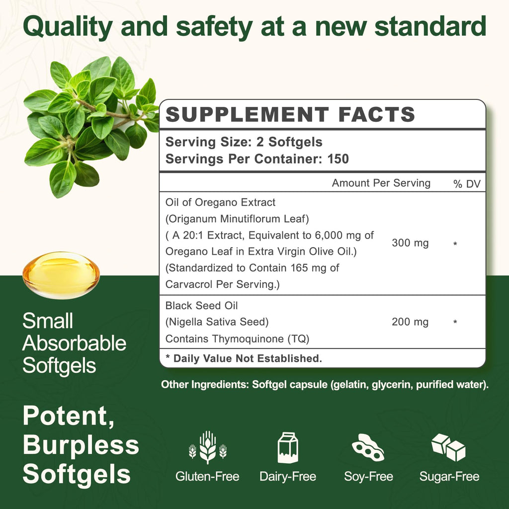 vivcmin Oregano Oil, 300 Softgels, 6000mg Oil of Oregano with Black Seed Oil for Immune & Digestive Support, aceite de Oregano with High Carvacrol & Thymoquinone, Non-GMO | 150 Days Supply