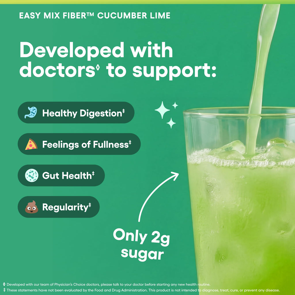 Physician's CHOICE Easy Mix Fiber for Digestive Health & Regularity - No Grit - Daily Prebiotic Soluble Fiber Powder Supplement for Women and Men - Cucumber Lime - 30 Servings