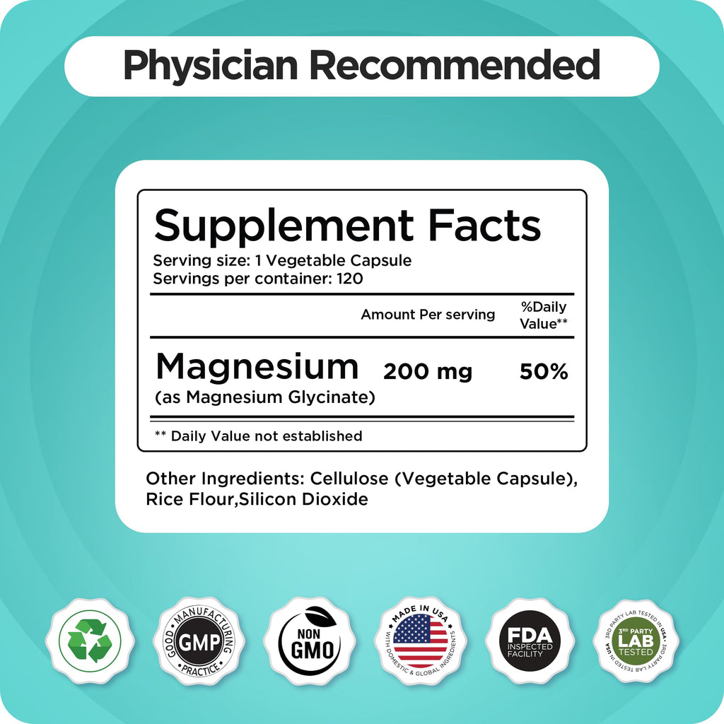 Magnesium Bisglycinate 200mg - High Absorption Chelated Magnesium Supplement - Gentle on Stomach, Non-GMO, Gluten-Free, Supports Sleep, Muscle Cramps & Positive Mood - 120 Vegan Capsules