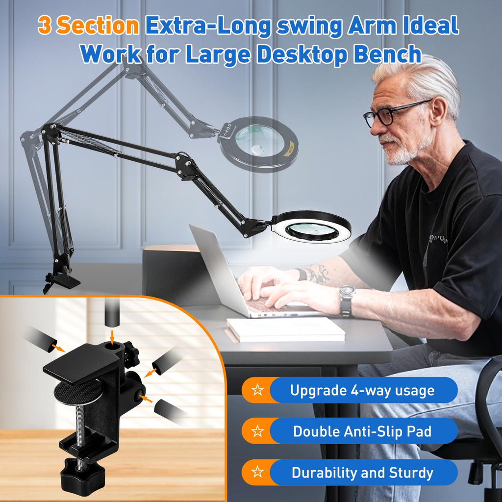 NUEYiO Ultra Long 3-Section Swing Arm 12X Magnifying Glass with Light and Stand, 4-way Large Strong Metal Clamp Lighted Magnifier Lamp, 5 Color Modes LED Magnifying Lamp for Workbench, Crafting, Hobby