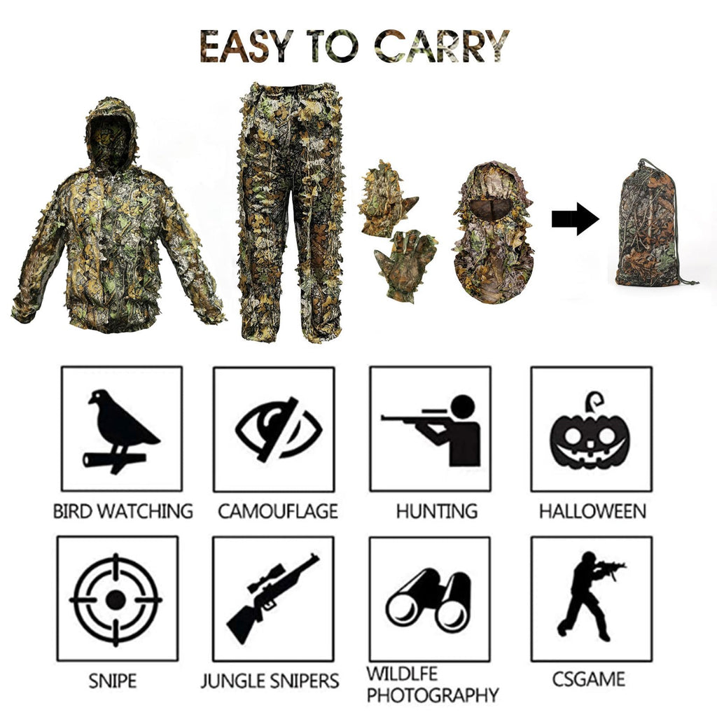 Ghillie Suit Camouflage Hunting Suits Outdoor 3D Leaf Lifelike Camo Clothing Lightweight Breathable Hooded Apparel Suit, Hunting Gloves, Leafy Face Mask and Bag for Jungle Shooting Halloween…