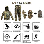Ghillie Suit Camouflage Hunting Suits Outdoor 3D Leaf Lifelike Camo Clothing Lightweight Breathable Hooded Apparel Suit, Hunting Gloves, Leafy Face Mask and Bag for Jungle Shooting Halloween…