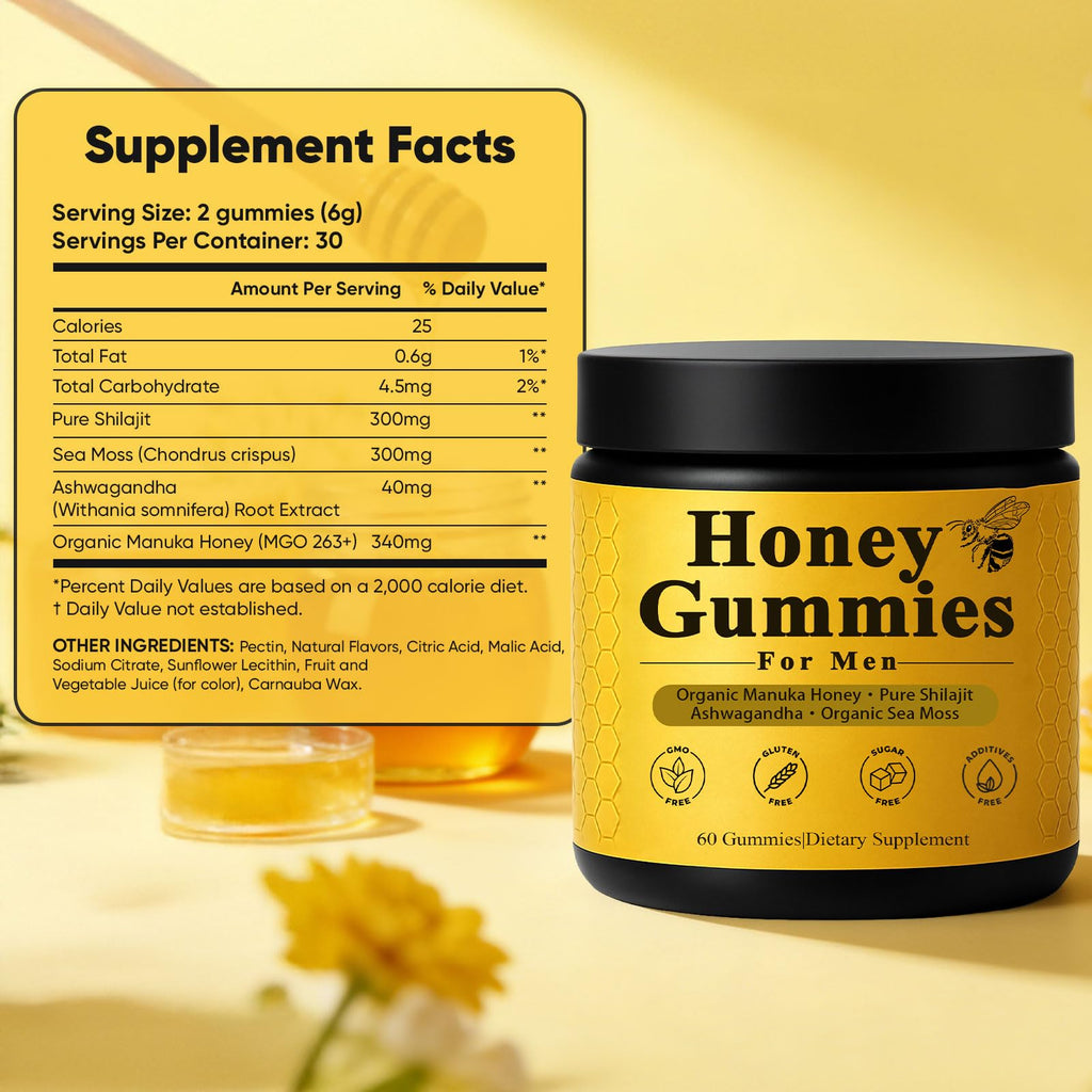 Dotkara Honey Gummies for Men, Vitality Booster Manuka Honey Gummies, with Shilajit, Ashwagandha, Sea Moss, Improves Endurance, Lowers Cortisol, Reduces Fatigue, Vegan, Non-GMO (60 Gummies) (1)