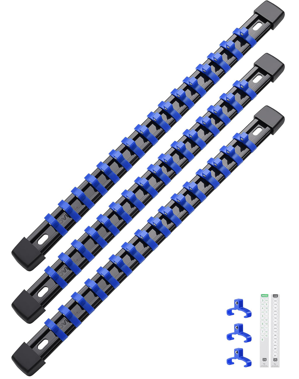 ALOANES 3PC ABS Socket Organizer, Socket Rails Fit 1/4 inch Drive, Heavy Duty Socket Holders Hold up to 48 Sockets, Black Rails with Blue Clips
