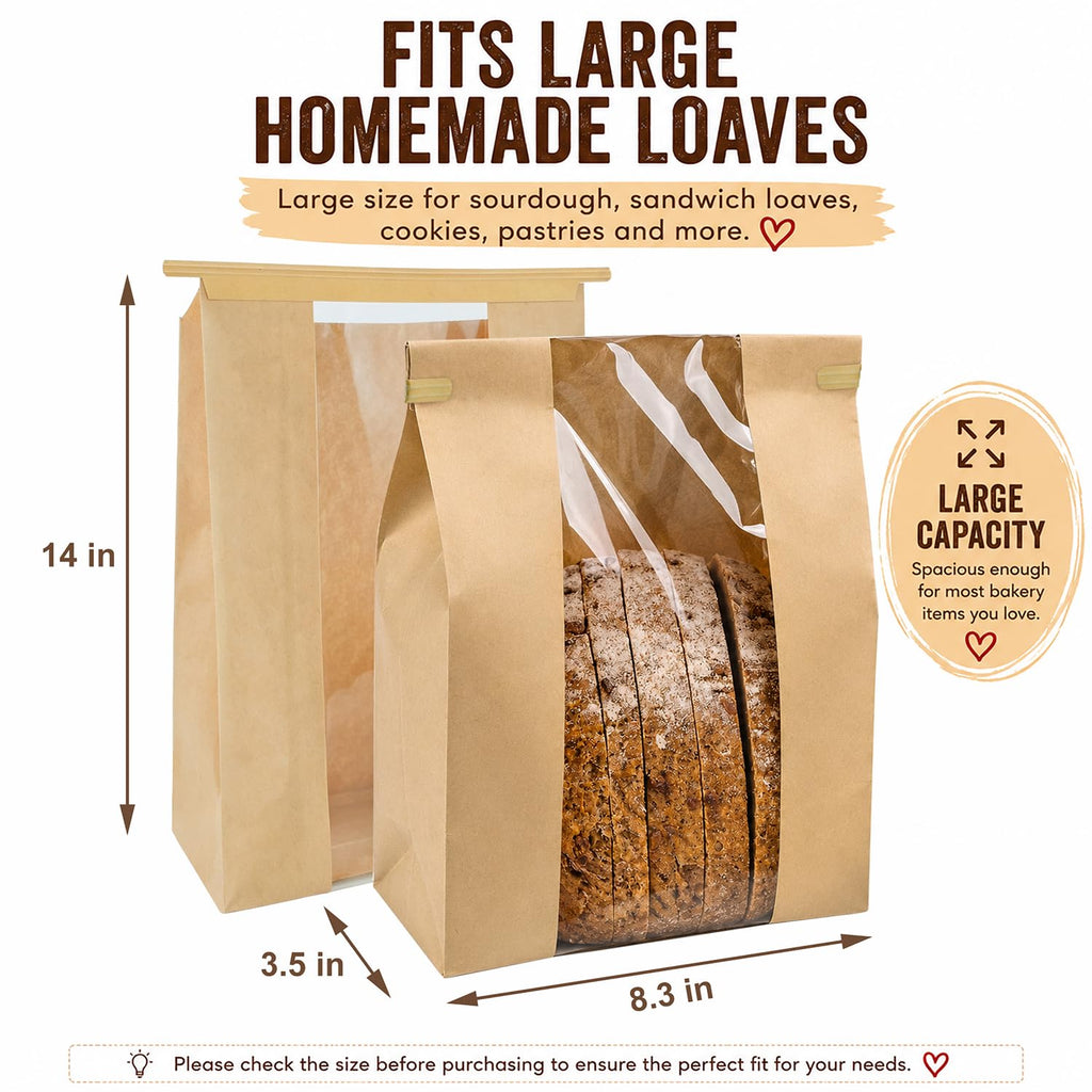 200 Pack Large Paper Sourdough Bread Bags with Tin Tie Tabs & 500 Stickers