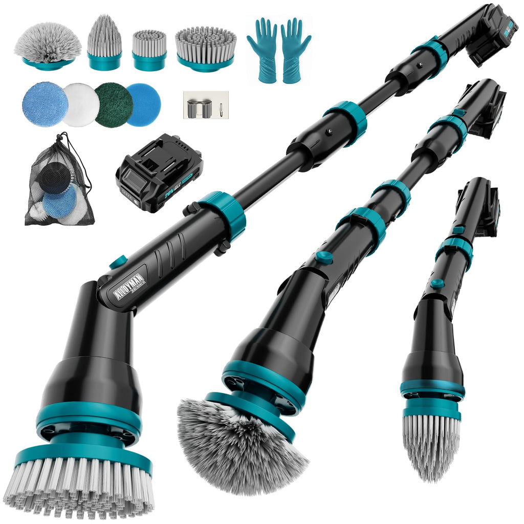 Alloyman 1200RPM Electric Spin Scrubber, Telescopic Extension Handle (25-49 inches) Ideal for Elderly and Arthritis, 2 Batteries&8 Replaceable Brush Heads, Perfect for Bathroom/Shower/Tub/Tile- 12V