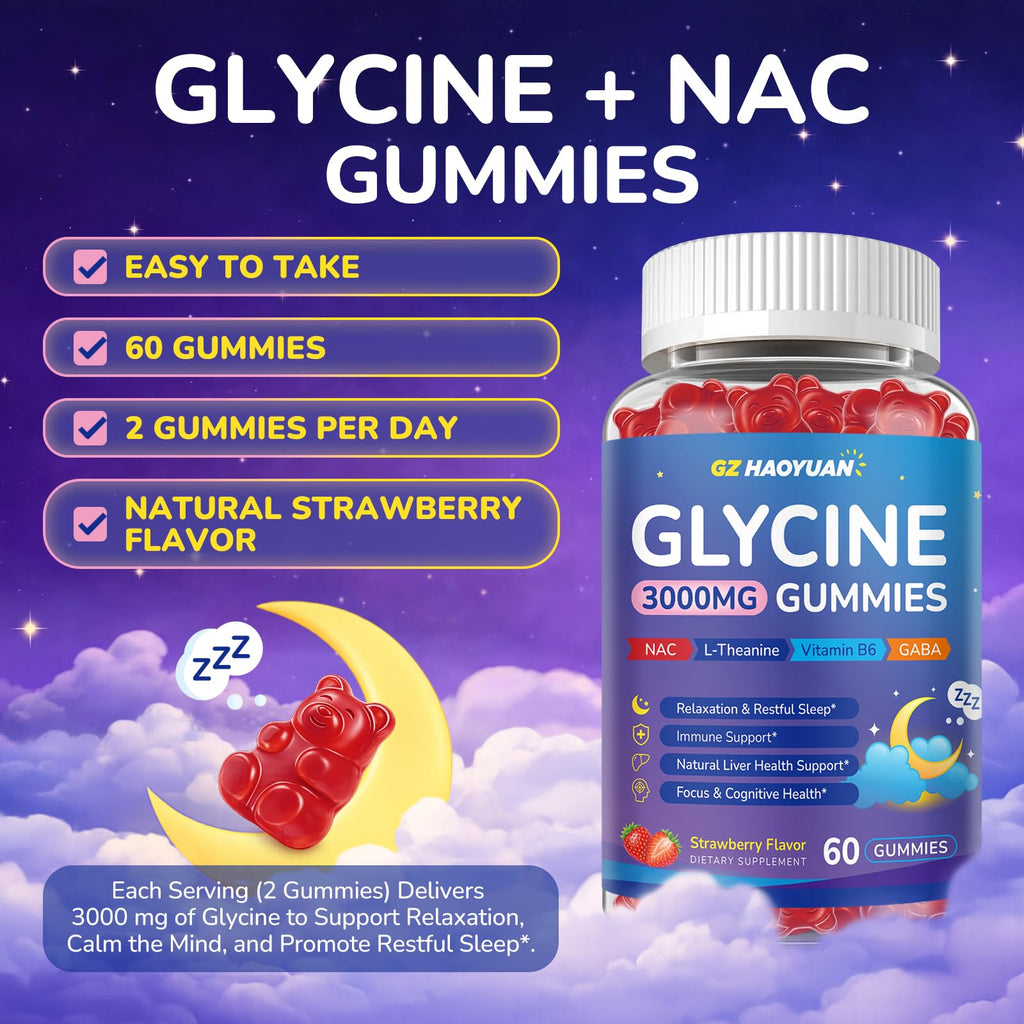 GZ HAOYUAN Glycine Gummies, Glycine 3g Supplements with NAC, L-Theanine, GABA, for Sleep, Relax, Nerve & Brain Support, Sugar Free, Vegan, Strawberr Flavor, 60 Cts