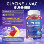GZ HAOYUAN Glycine Gummies, Glycine 3g Supplements with NAC, L-Theanine, GABA, for Sleep, Relax, Nerve & Brain Support, Sugar Free, Vegan, Strawberr Flavor, 60 Cts