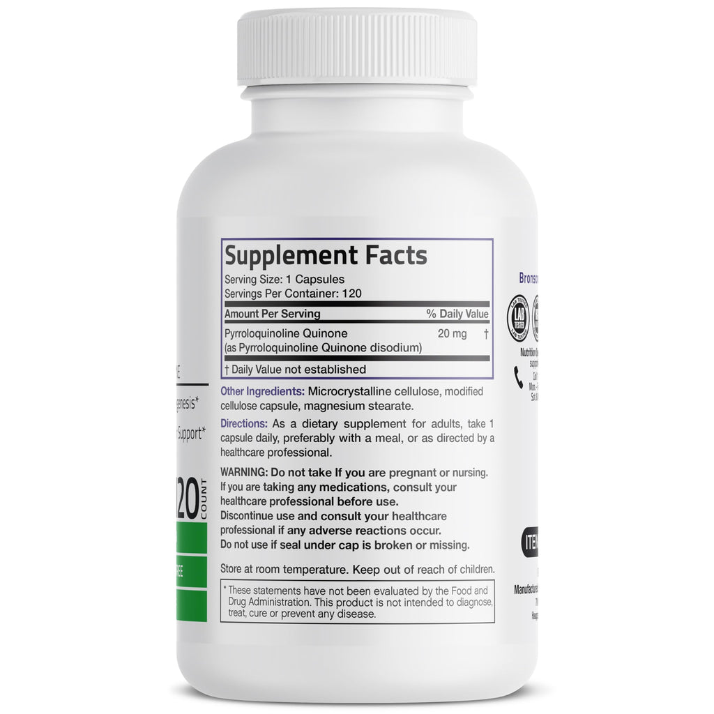 Bronson PQQ Vitality 20mg Pyroloquinoline Quinone Supplement Promotes Mitochondrial Biogenesis Non-GMO, 120 Vegetarian Capsules
