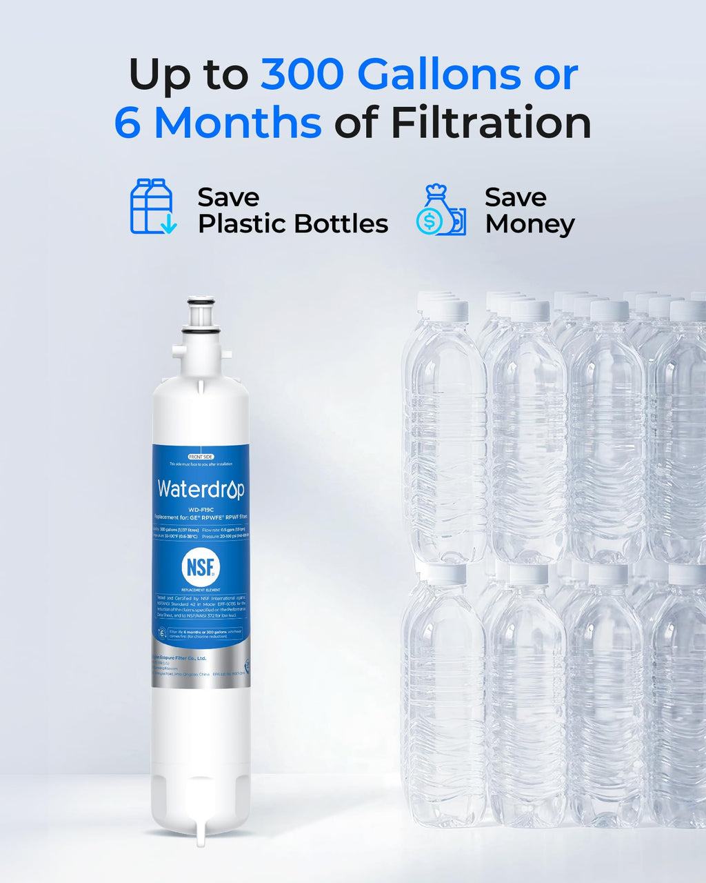Waterdrop WD-F19C Replacement for GE® RPWFE®, RPWF (with CHIP) Refrigerator Water Filter, Compatible with GFE28GBLTS, GFE28GGKBB, GFE28GSKSS, PFE28KSKSS, PFE28KMKES, 2 Pack (Packaging May Vary)