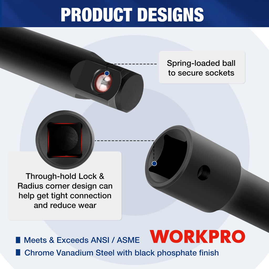 WORKPRO 9-Piece Impact Socket Extension Set, Includes 3/8" Drive Extension Bar Set, 1/4", 3/8" & 1/2" Drive Universal Joints and Adapters, Premium Chrome Vanadium Steel with Black Phosphate Finish