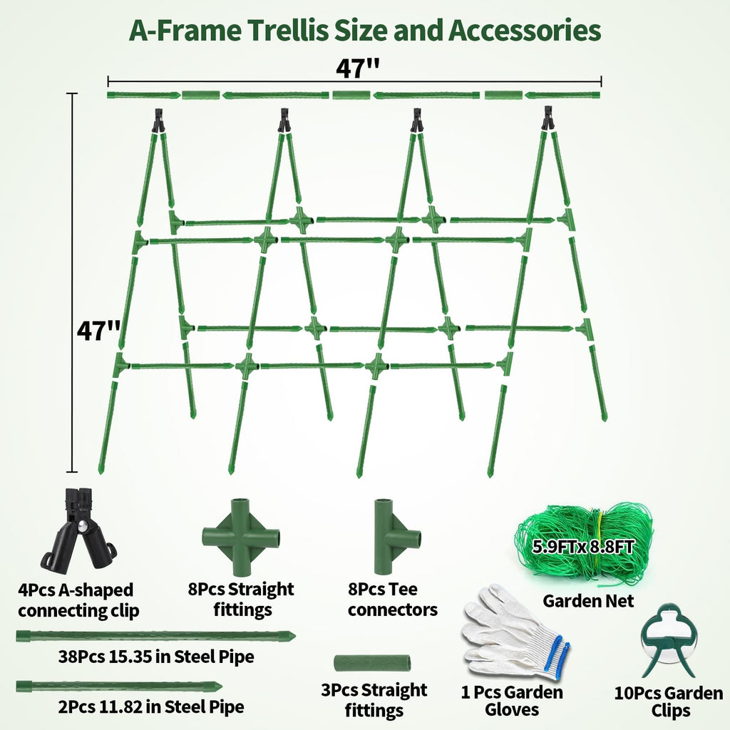 A-Frame Cucumber Trellis for Raised Bed - 47 x 47in, Heavy-Duty Detachable Garden Trellis with Netting & Clips, Support for Climbing Outdoor Cucumber, Tomatoes, Luffa, Bitter Melon, Vining Flowers
