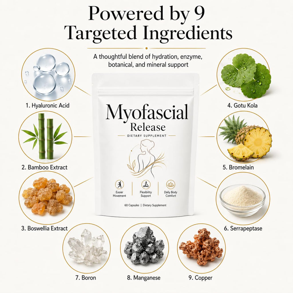 Myofascial Release Supplement for Fibromyalgia, Myofascial Release Capsules with Hyaluronic Acid, Silica, Serrapeptase, Boswellia, Bromelain, Gotu Kola | Restores Flexibility & Mobility, 60 Capsules