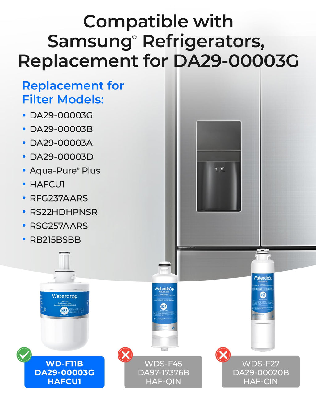 Waterdrop WD-F11B Refrigerator Water Filter, Replacement for Samsung® DA29-00003G, DA29-00003B, DA29-00003A, Aqua-Pure Plus, HAFCU1, RFG237AARS, FMS-1, RS22HDHPNSR, RSG257AARS, WSS-1