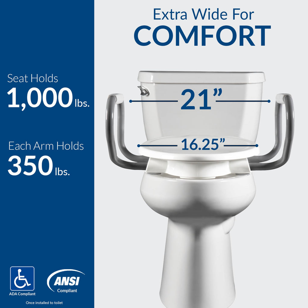 Bemis Assurance 3" Raised Toilet Seat with Handles, Made in USA, Secure Hinges, Clean Shield Guard, Elongated, White
