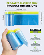 Pre-Taped Masking Film for Painting(4 Rolls) - 22" x 66'Painters Plastic Sheeting with Tape and Drape, Painters Drop Cloth for Automotive & Home, Cover for Walls/Floors/Windows/Cars Protection