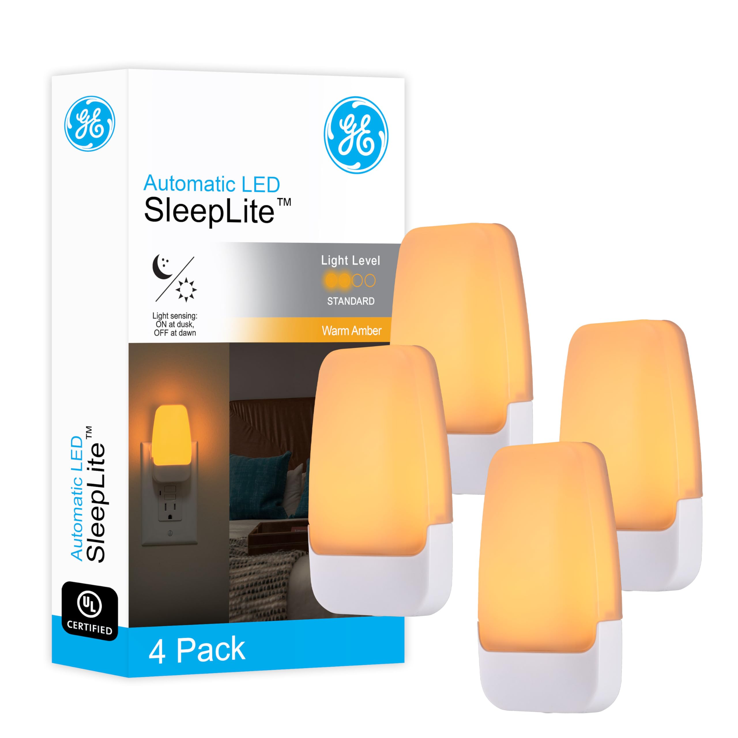 GE Sleeplite Night Lights Plug Into Wall, Dusk to Dawn Sensor, Ambient Lighting, Sleep Aid, Bathroom Decor, LED Lights for Bedroom, Apartment Essentials, Smart Home,86153, Amber, 4 Pack