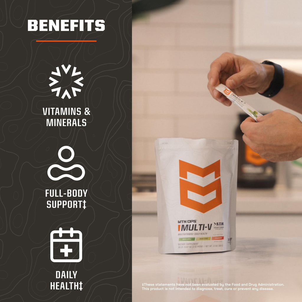 MTN OPS Multi‑V STM On‑the‑Go Daily Multivitamin for Men, Women & Kids – Straight‑to‑Mouth Vitamin C D3 B Zinc Packs – Gluten Free, Natural Flavors, 30 Servings