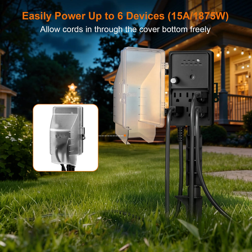 SURAIELEC Outdoor Power Stake Light Timer, Dusk to Dawn, 6 Electrical Outlet Power Strip Weatherproof, 6FT Extension Cord Multiple Outlet for Patio Lights, Sprinkler, Garden, Christmas Decorations