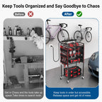 JUNNUJ Garage Large Power Tool Organizer Cart with 8 Outlet 3 USB Charging Station, Floor Rolling Drill and Tools Battery Storage Cart on Wheels, Heavy Duty Utility Rack Shelf with Power Strip