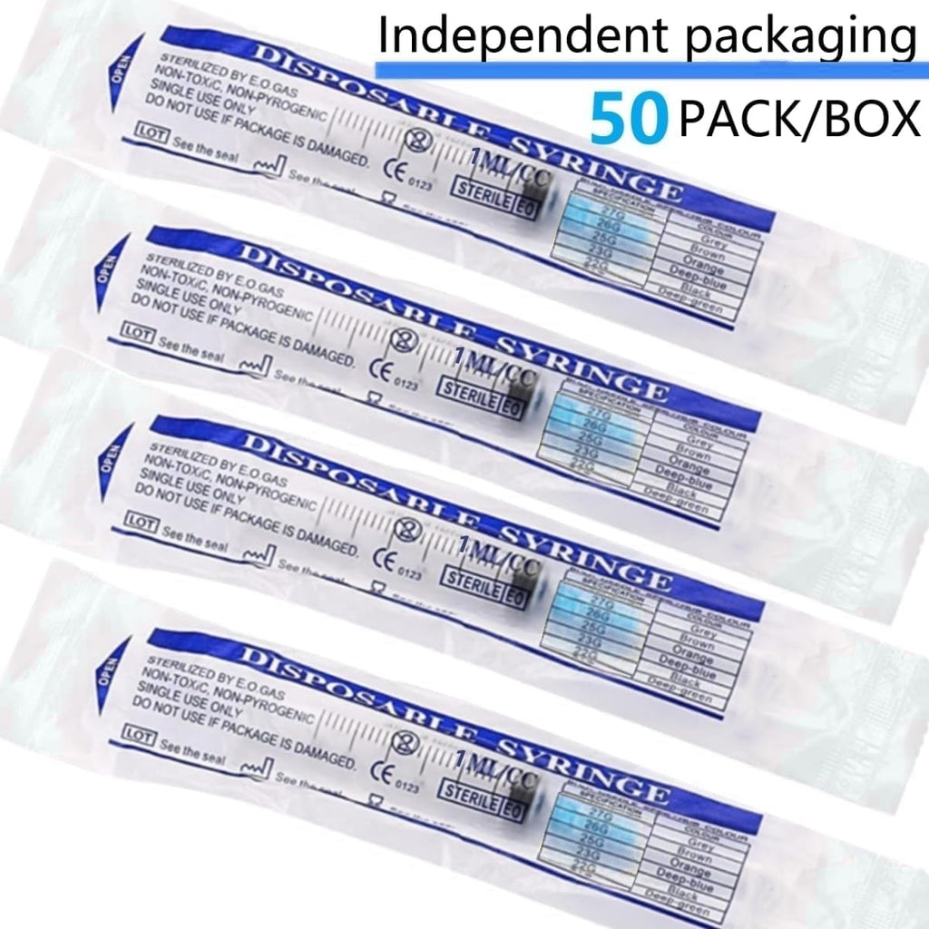 Luer lock 1ml Syringe with 23G 1inch/25mm Lab Supplies for Scientific Research, Industrial Dispensing or Liquid Measuring, 50Pack