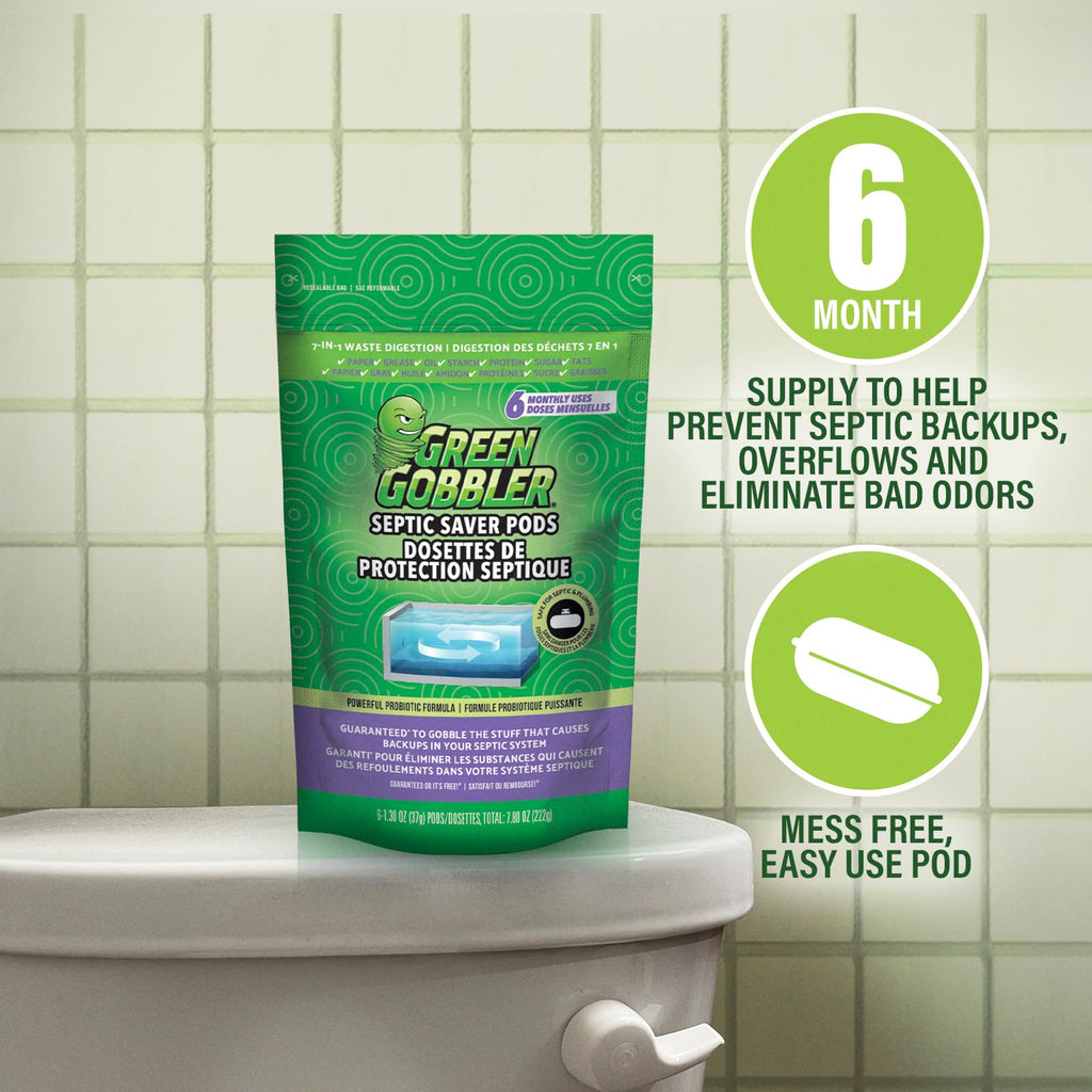 Green Gobbler Septic Tank Treatment Packets - Natural Bacteria to Prevent Costly Septic Issues, Back-Ups, Foul Odor (24 Pods) Pod: Color May Vary