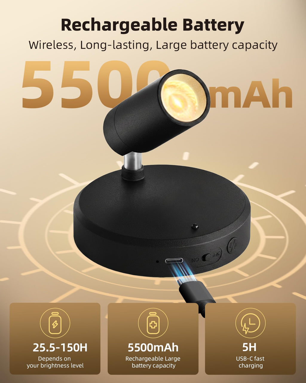 EZVALO Spotlights Indoor with Remote, 5500mAh Rechargeable Picture Lights, Wireless Uplights with Timer & Dimmable, 3-CCT, Accent Lighting for Plant, Art, Painting, Gallery, Wall Decor (2-Pack Black)