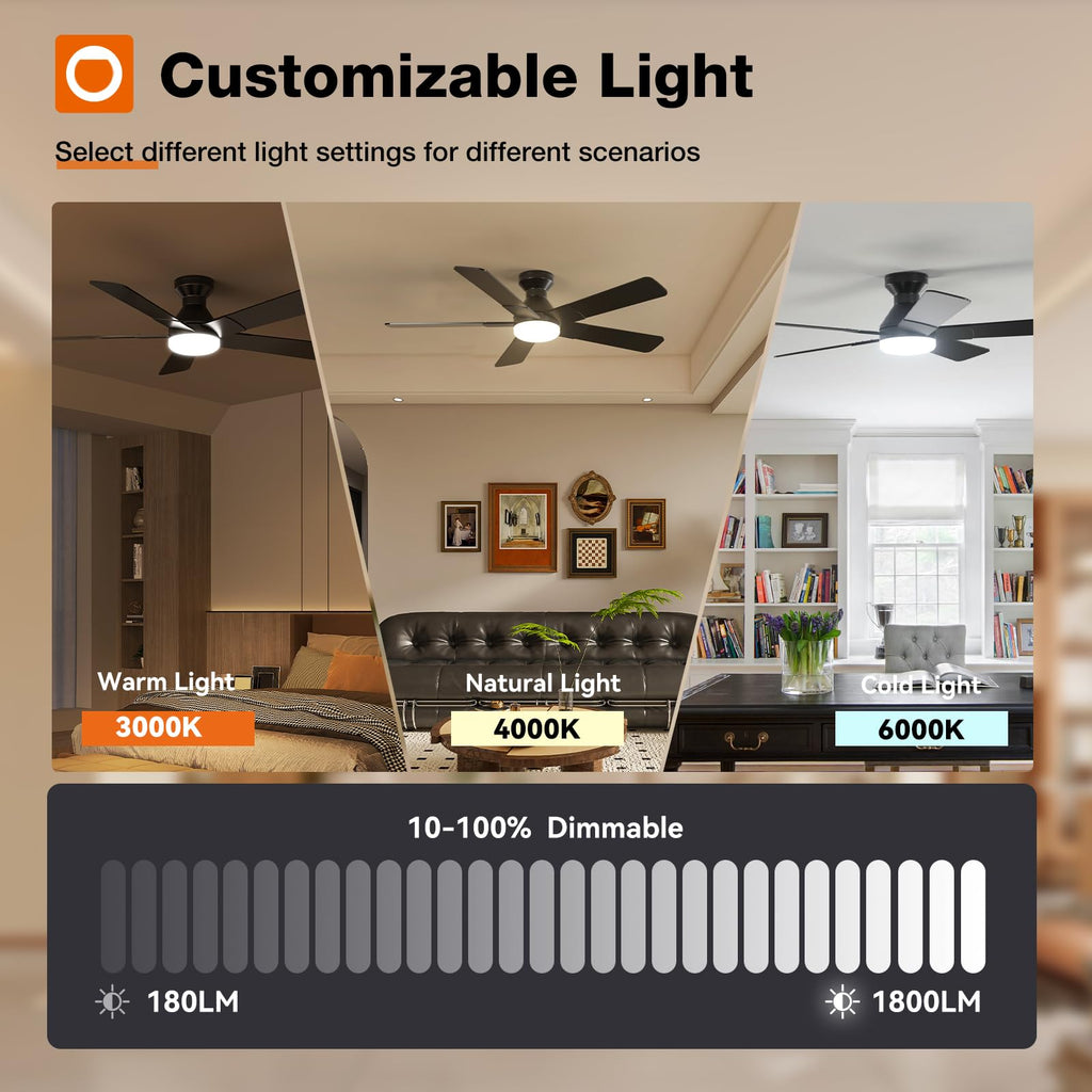 addlon Ceiling Fans with Lights, 52 inch Low Profile Ceiling fan with Light and Remote Control, Flush Mount, Reversible, 3CCT, Dimmable, Noiseless, Black Ceiling Fan for Bedroom, Indoor/Outdoor Use